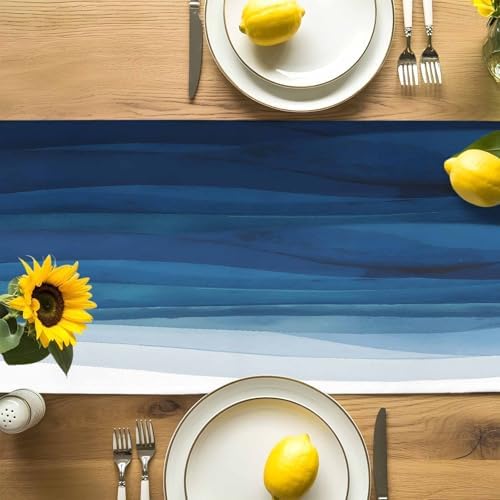 Blue White Ombre Table Runner Dresser Scarf 13 x 108 Inch Abstract Gradient Ocean Waves Modern Stripe Table Runners Non-Slip Heat Resistant Kitchen Dining Table Decor for Home Holidays Indoor Outdoor