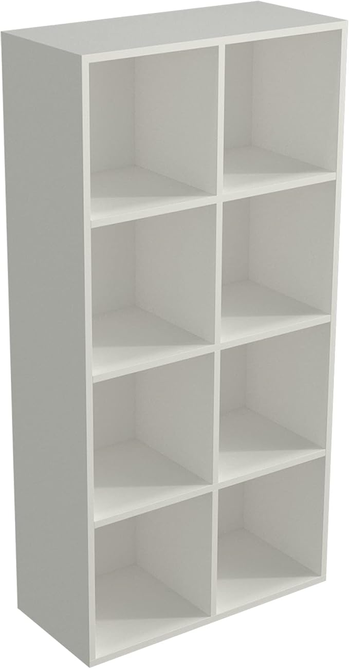 8-Cube Storage Shelf Bookcase, Warm White | Wooden 4-Tier Open Bookshelf, Fits 11×11" Bins, Vertical or Horizontal Use, Full Back Panels, For Home Office