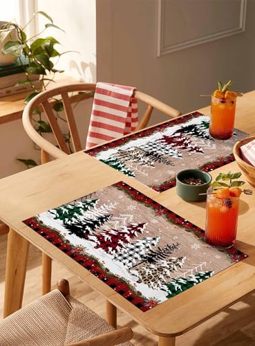 Christmas Tree Placemats Set of 6, Cotton Linen Vintage Wood Grain Table Mats Non-Slip Washable Different Xmas Trees Red Black Buffalo Plaid Placemat for Xmas Dining Kitchen Table Decor