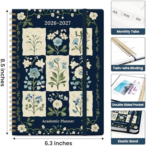 Planner 2026-2027, Jul 2026-Jun 2027 Academic Monthly & Weekly Planner | 6.3" x 8.5" Hardcover Pretty Calendar Planner for Women, Spiral Organizer for School Office Home Supplies, Blue Patchwork