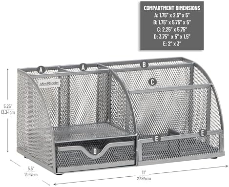 Mind Reader 7-Compartment Desktop Organizer, Metal Mesh Desk Organizer for Pens, Sticky Notes, Mail and Office Supplies, Silver