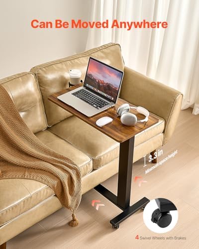 VEVOR Electric Overbed Table, Height Adjustable Hospital Bed Table, Over The Bed Table with Wheels, Mobile Laptop Desk with Cup Holder & Lifting Button, Overbed Desk for Home, Office, Study