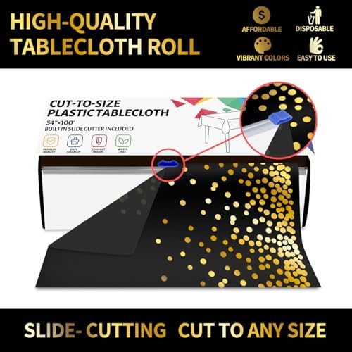 CXPSINC 54 Inch X 100 Feet Plastic Table Cover Roll Disposable Tablecloth with Slide Cutter for All Type/Shape Tables | Party, Banquet, Birthdays, Weddings(Black & Gold Dot, 100 Feet)