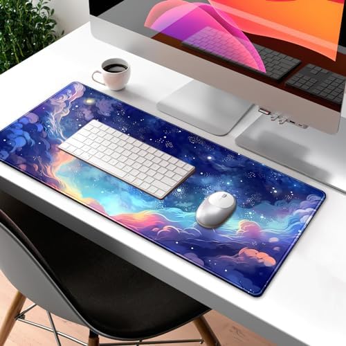 Pastel Anime Space Desk Mat Nebula View Cute Aesthetic Desk Pad Stars Galaxies Deep Dark Blue Cosmos Large Mouse Pad Extended Gaming Mousepad XL Laptop Keyboard Mouse Mat 31.5"x11.8"