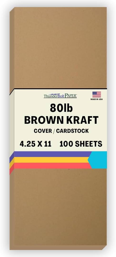 100 Brown Kraft Fiber 80# Cover Paper Paper Sheets - 4.25 X 11 Inches Half Letter Size Cut Long - 80lb/pound cardstock - Rich Earthy Color with Natural Fibers - Smooth Finish