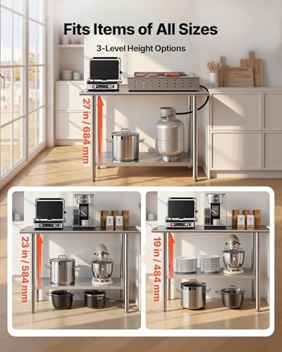 VEVOR Stainless Steel Work Table, 24x48 Inch Food Prep Table, Commercial Kitchen Workstation with Adjustable Undershelf, Metal Heavy Duty Utility Worktable, for Restaurant Home Hotel Garage Outdoor