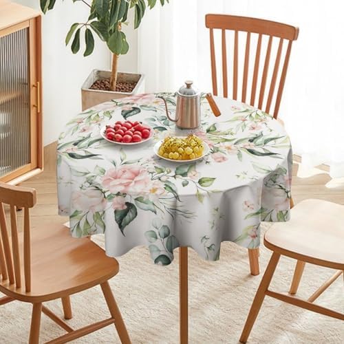 Pink Flowers Tablecloth, Watercolor Sage Green Eucalyptus Leaves Branches Floral Print Table Cloth for Picnic Party Dining Room Home Decor, 50x50in