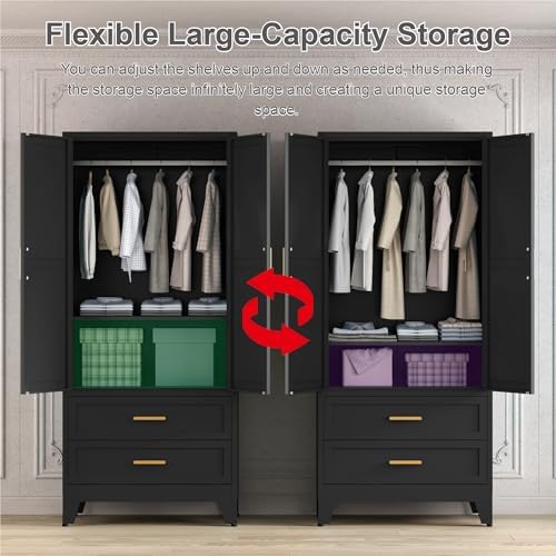 Washsemba 71'' Farmhouse Metal Wardrobe Cabinet with Hanging Rod, 2 Barn Door Wardrobe Closet with Adjustable Shelves,2 Drawer,for Dining Room,Bedroom,Living Room, Cloak Room,Office (Black)