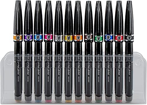 Pentel Arts Sign Pen Micro Brush Tip, Assorted Colors (A/B/C/D/E/F/G/N/P/S/V/Y), 12-PK Plastic Box (SESF30CPC12)