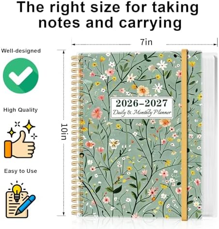 Daily Planner 2026-2027 - July 2026 to June 2027, 7" x 10", Flower