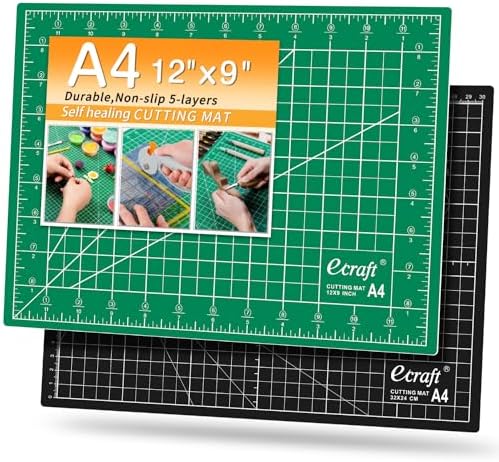 Ecraft Self Healing Sewing Mat 9x12 Inch, Double Sided 5-Ply Fabric Rotary Cutting Mat for Quilting, Sewing & Craft Projects - Gridded Board, Green/Black