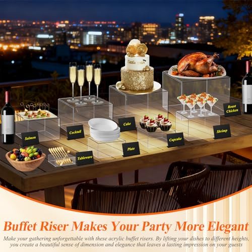 8 Pcs Clear Acrylic Buffet Risers with Mini Sign and Maker,Buffet Risers and Stands Clear Food Display Risers for Buffet Table Party Catering Dessert Cupcake Collectibles (8" 7" 6" 5" 5" 4" 4" 3")