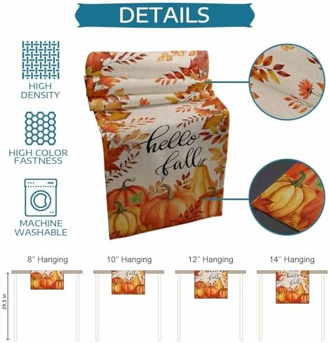 Fall Pumpkin Table Runner Dresser Scarf 13 x 90 Inch Harvest Orange Maple Leaves Table Runners Non-Slip Heat Resistant Kitchen Dining Table Decor for Autumn Thanksgiving Holidays Indoor Outdoor