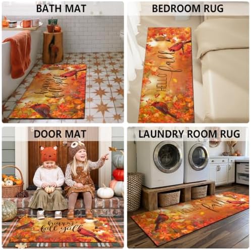 Cardinal Maple Leaves Fall Kitchen Rugs and Mats Set of 2, (17"x47"+17"x30") Thanksgiving Autumn Harvest Farmhouse Non Skid Washable Runner Rug for Home Decor Decorations and Accessories