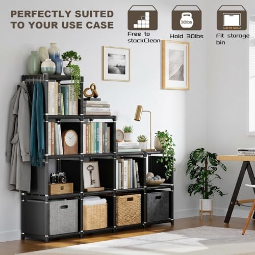 Mavivegue Book Shelf, 12 Cube Storage Organizer, DIY Bookcase, Metal Bookshelf,Tall Book case for Bedroom, Living Room,Office,Closet, Black Cubicle Rack