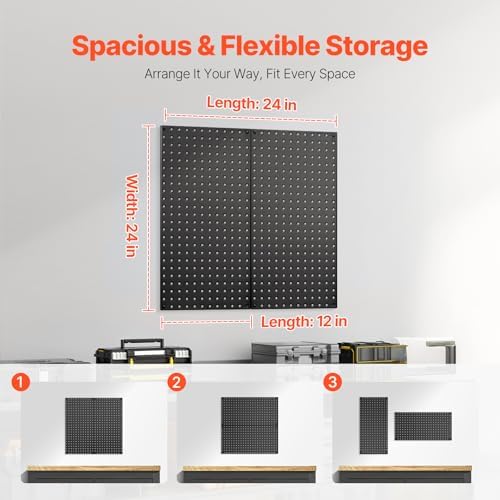 VEVOR Metal Pegboard Panels, 24" x 12" Pegboard, 2 Panels, Heavy Duty Steel Peg Board Wall Organizer, for Living Room Garage Tool Storage Workbench Office Organization Craft Room Kitchen Home, Black