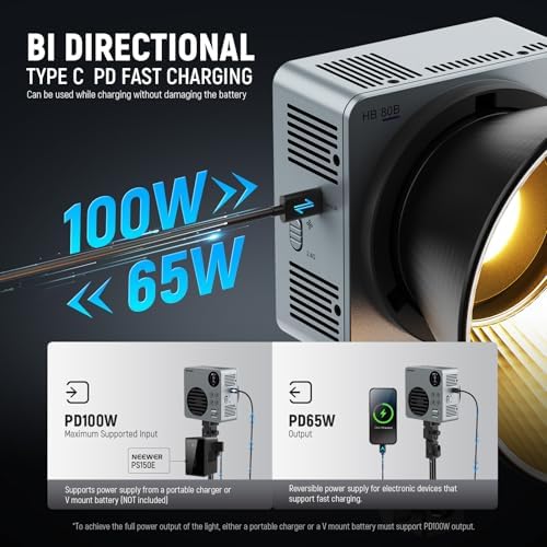 NEEWER 80W LED Video Light with 72Wh Battery/100W PD Fast Charging APP/2.4G Control Portable Bi Color Mini COB Studio Continuous Output Lighting 26500lx/1m 2700-6500K Dimmable CRI95+ 13 Scenes, HB80B