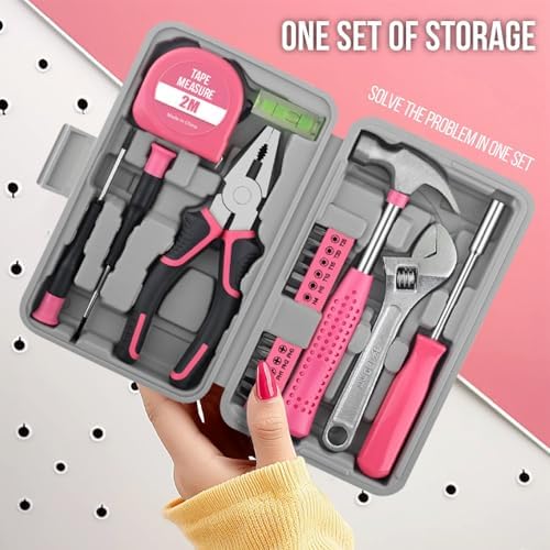 20 Pcs Home Tool Set, Basics Household Tool Kit with Small Mini Carrying Box for Men and Women DIY (Pink)