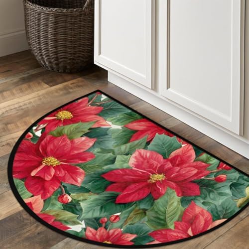 Pardick Christmas Poinsettia Half Round Door Mat, Non-Slip Welcome Indoor Entrance Way Rug Semi Circle Front Doormats Washable Bathroom Kitchen Floor Mat, Outdoor Rugs for Garage, Patio, Hearth Rug
