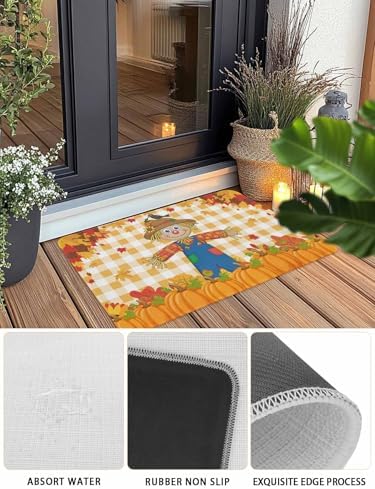 Fall Door Mat Scarecrows Crow Pumpkin Doormat Maple Leaf Orange Buffalo Plaid Harvest Thanksgiving Welcome Mat Non Slip Entryway Front Rug Floor Mat for Indoor Outdoor Kitchen Autumn Holiday 16x24