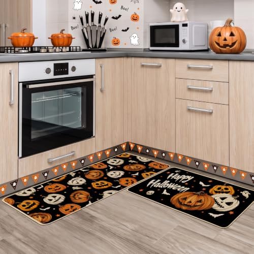 Baccessor Happy Halloween Ghost Kitchen Rugs Set of 2,Spooky Pumpkin Fall Black Mat Rug Indoor Outdoor Low-Profile Non Slip Absorbent Floor Mats for Home Party Holiday Decor 17x29 and 17x47 Inch