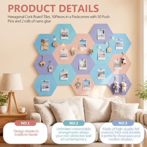 12x10 in 16 Pcs Hexagon Cork Board Tiles, Felt Pin Boards, Pastel