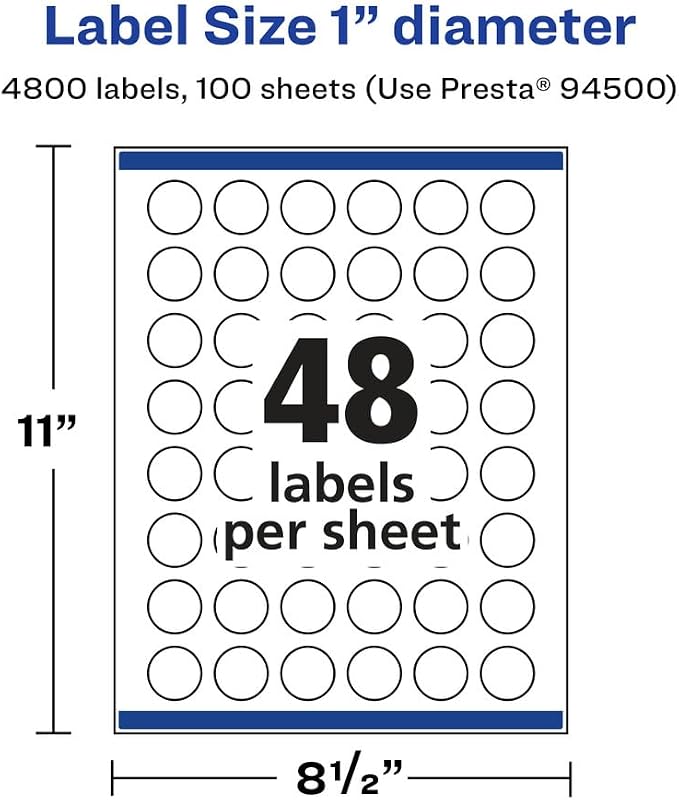 Avery® Glossy Clear Round Labels, Sure Feed® Technology, 1" Diameter, 4,800 Glossy Clear Labels, Print-To-The-Edge, Laser/Inkjet Printable