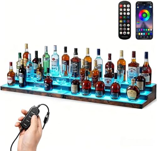 2Pack 3 Tier LED Lighted Liquor Bottle Display Shelf - 60" Total Length,RGB Countertop Bar Shelf with RF & App Control,7 Static Colors Music Sync,Timer,Lighted Bottle Shelf for Home &Commercial Use