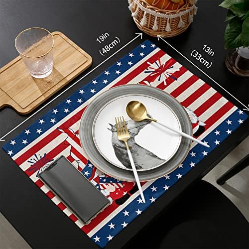 4th of July Patriotic Placemats Set of 6-Stripes and Stars American Flag Gnomes Heat Resistant Placemat Washable Cotton Linen Table Mats Memorial Day Party Holiday Decorations for Kitchen Dining Table