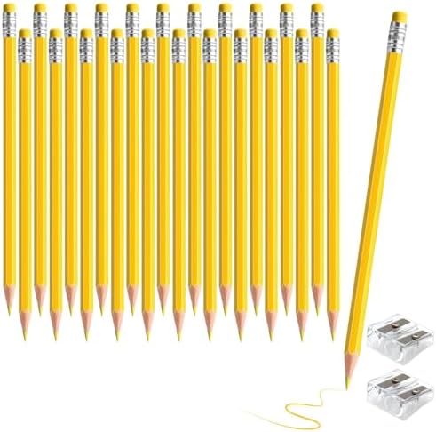 24PCS Erasable Colored Pencils with Eraser Pre Sharpened Pencil 2 HB - Ideal for Checking, Grading, Tests & Office/School Supplies (Yellow)