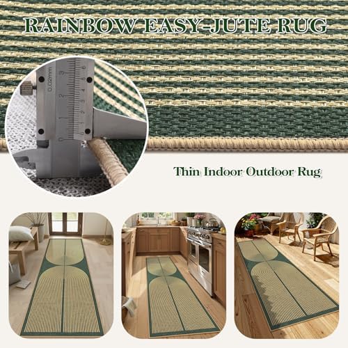 Lahome Rainbow Easy Jute Green Kitchen Runner,2x8 Indoor Outdoor Runner Rug