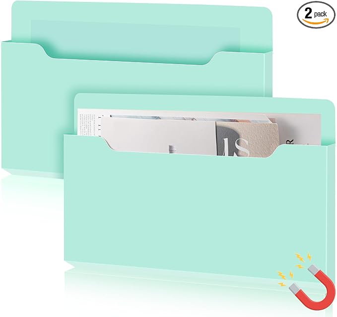 Feifeiya 2 Pcs Magnetic File Folder Wall Hanging Holder Large Pocket Paper Magazine Mail Organizer for Refrigerator Classroom Locker Whiteboard(Horizontal,Mint Green,13.8 x 8.3 Inches)