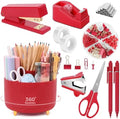 SKYDUE Red Office Supplies Set, Pencil Holder for Desk, Stapler, Tape Dispenser, Scissors,Clips and 1000pcs Staples, Office Decor for Women, Red Desk Accessories