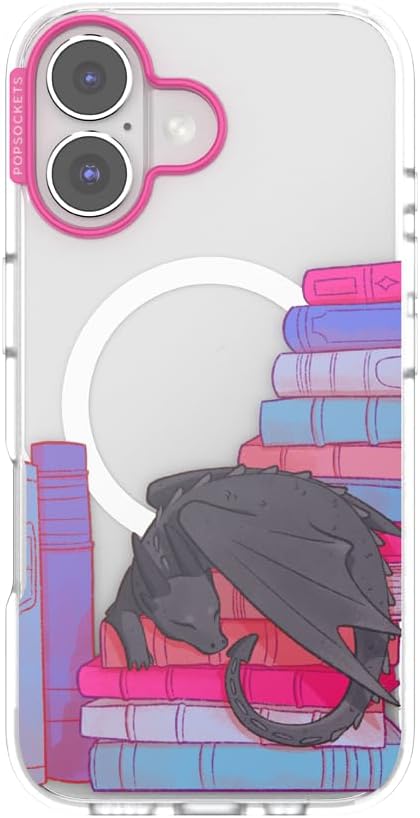 PopSockets iPhone 16 Phone Case with MagSafe- Curled Up & Cozy | Magnetic, Wireless Charging, Camera & Drop Protection, Bookish, Dragon