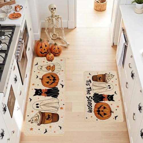 Baccessor Halloween Ghost Kitchen Rugs Set of 2,Tis The Season Spooky Pumpkin Black Cat Mat Rug Indoor Outdoor Low-Profile Non Slip Absorbent Floor Mats for Home Holiday Decor 17x29 and 17x47 Inch
