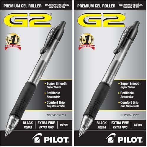 PILOT G2 Premium Gel Roller Pens, Extra Fine Point 0.5 mm, Gel Pens Black Ink, Ideal for School, Journaling & Office Writing, 12 Count (Pack of 2)