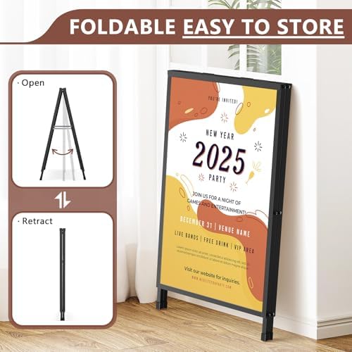 A Frame Sign 24x36 Inch Sandwich Board, Heavy Duty Double-Sided Folding Sidewalk Signboard, Slide-in Steel Metal Frame Sign Display Holder for Outdoor & Indoor Street Poster, Businesses, Advertising