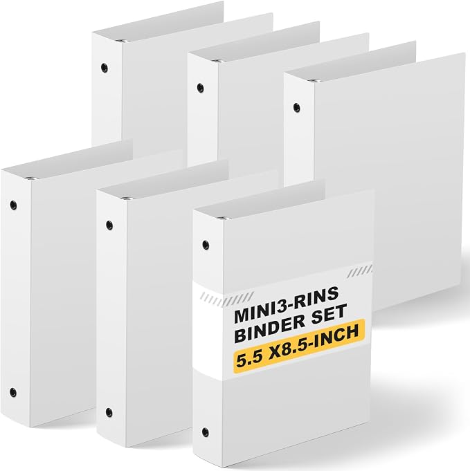 Henoyso 1.5 Inch 6 Pack Mini 3 Ring Binders for 5.5"x8.5" Paper,White | Holds 280 Sheets, Plastic Small Binders, Round Three Rings, Flexible PP Covers, School Office, Photo Album Planner Journal