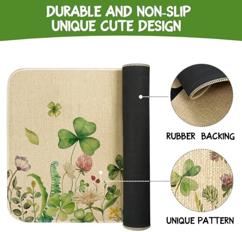 St Patricks Day Spring Kitchen Rugs and Mats Set of 2,Lucky Shamrock Clovers Floral Farmhouse Non Slip Washable Floor Sink Mats Decorations for Home Kitchen 18"x48"+18"x30"