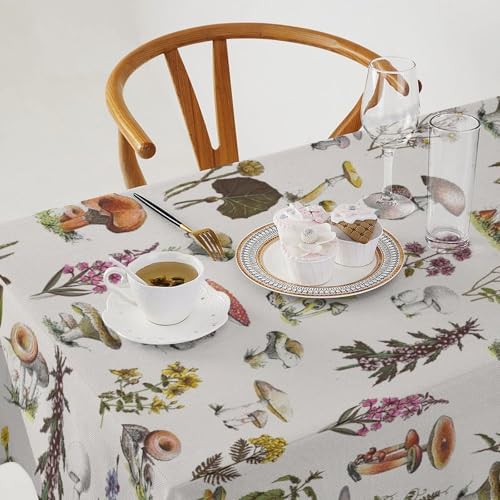Vintage Botanical Tablecloth, Rustic Plants Herbs Mushroom Nature Wildflower Table Cloth for Outdoor Patio Party Picnic Wedding Indoor Kitchen Dinner Table Decor 55x75in