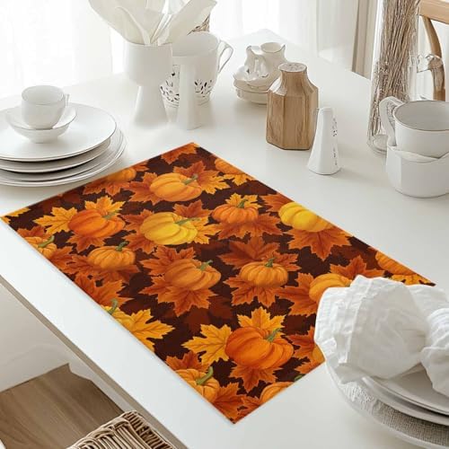 Thanksgiving Placemats Set of 4,Cotton Linen Heat Resistant Table Mats Washable Farmhouse Harvest Pumpkin Maple Leaves It's Fall Y'all Placemat for Holiday Banquet Party Dining Kitchen Table Decor