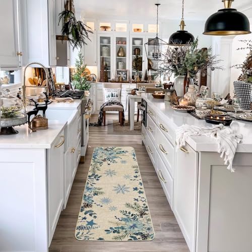 Baccessor Blue Poinsettia Winter Kitchen Mats Set of 2, Snowflakes Floral Kitchen Rugs for Floor Non Slip Absorbent Winter Holiday Farmhouse Christmas Decor 17x29 and 17x47 Inch
