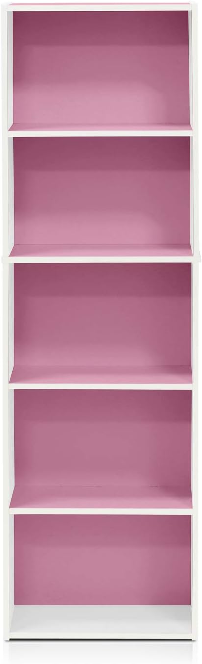 Furinno LUDER Book Shelf, 5-Tier Bookshelf, Bookcase with Open Shelves, 9.4 x 15.8 x 52, Easy Assembly, for Living Room, Bedroom, Home Office, White/Pink