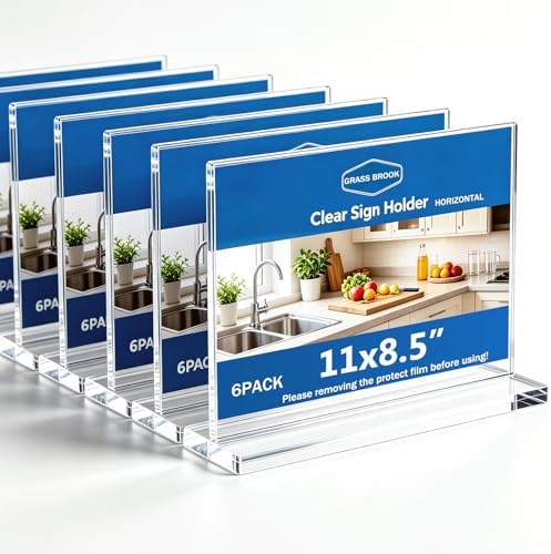 6 Pack 11x8.5 Clear Acrylic Sign Holder Stand, Horizontal Double-Sided Display, Stand By Straight or Tilted, Desktop Picture Frame, Menu Holder, Certificate Frame