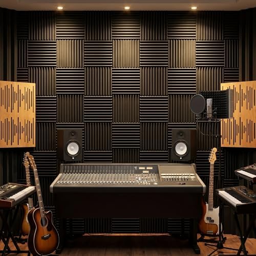 96 Pack Allxinlog Absorb the echo Acoustic Foam Panel Wedge Studio Soundproofing Wall Tiles 12" X 12" X 1"(Accompanied By Double-Sided Adhesive Tape) (96-BLACK)
