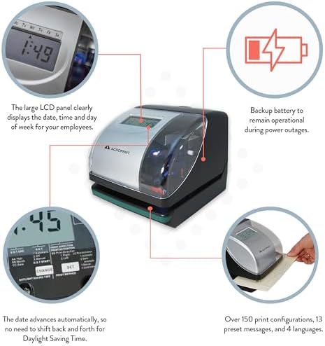 Acroprint Electronic Time Clock Machine – Time Stamp Machine for Employees, Ideal for Small Business, Accommodates Right or Left-Hand Time Cards, Selectable Hour Format