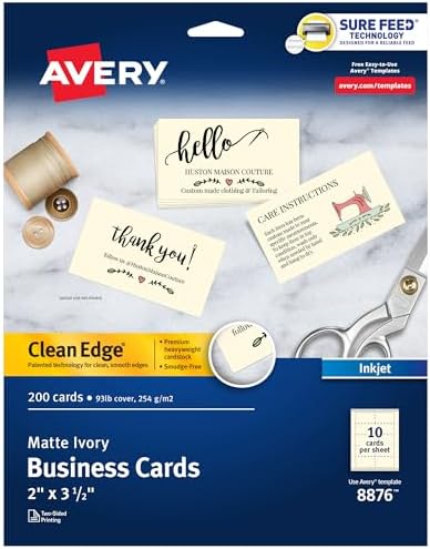Avery® Clean Edge® Printable Business Cards, Sure Feed® Technology, 2" x 3.5", Ivory, 200 Blank Cards for Inkjet Printers (08876)