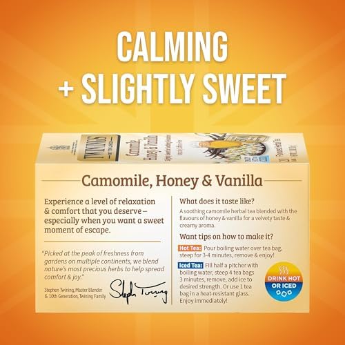 Twinings Camomile, Honey & Vanilla Herbal Tea individually Wrapped Bags, 20 Count (Pack of 1), Naturally Caffeine-Free, Enjoy Hot or Iced, 20 Teabags