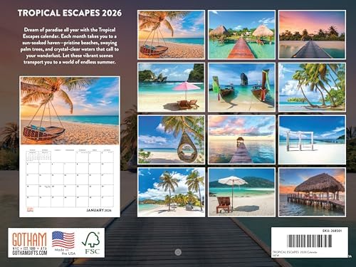 Tropical Escape Calendar 2026 Monthly Wall 12 Month | American Made In The USA