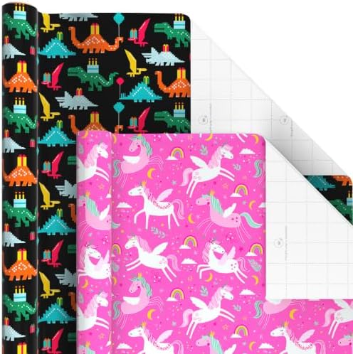 Hallmark Kids Wrapping Paper, 6 Rolls (Dinosaurs, Unicorns, Rainbows)